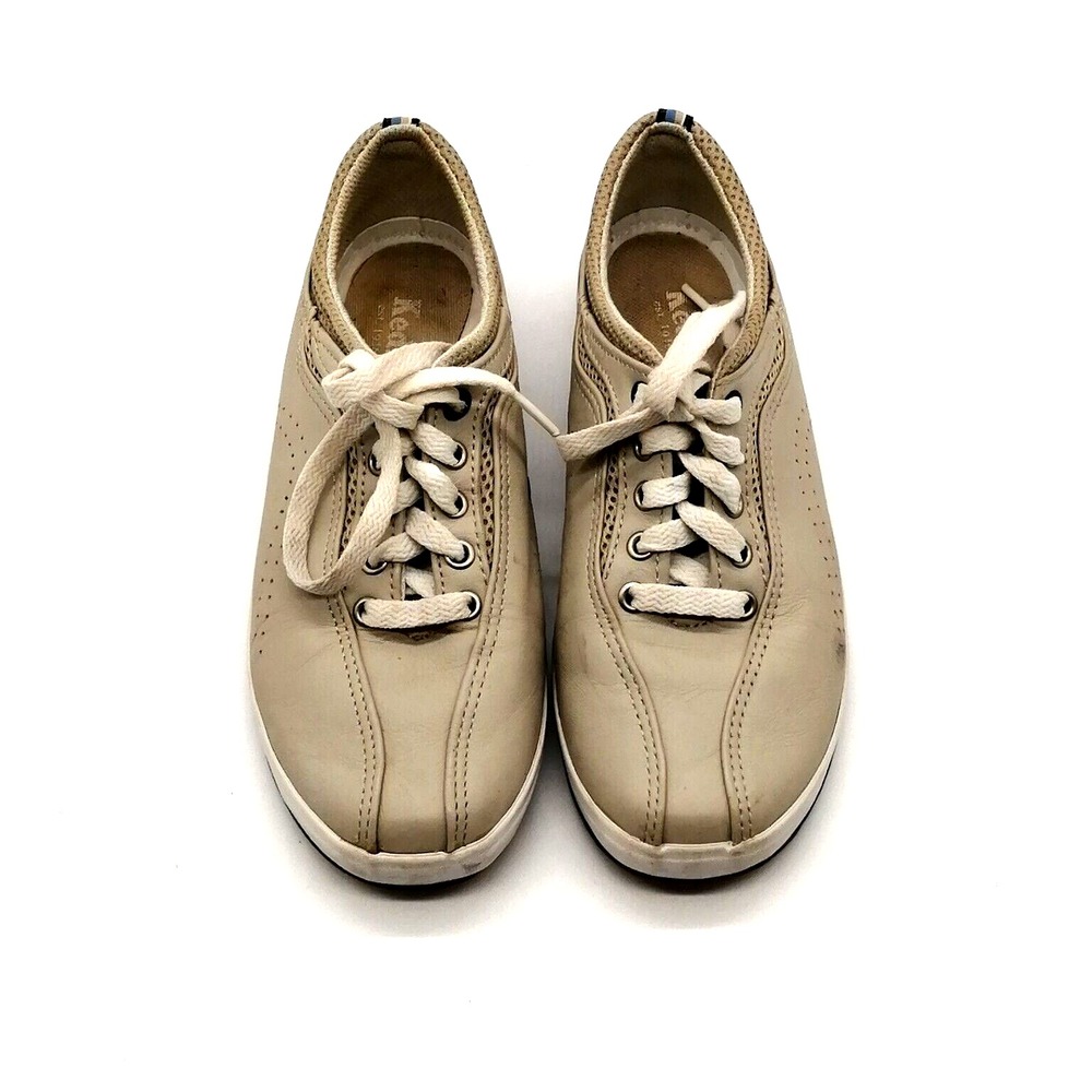 Keds Shoes Womens Sneakers Beige Leather Lace Up Walking Round Toe Flat Heel 6.5